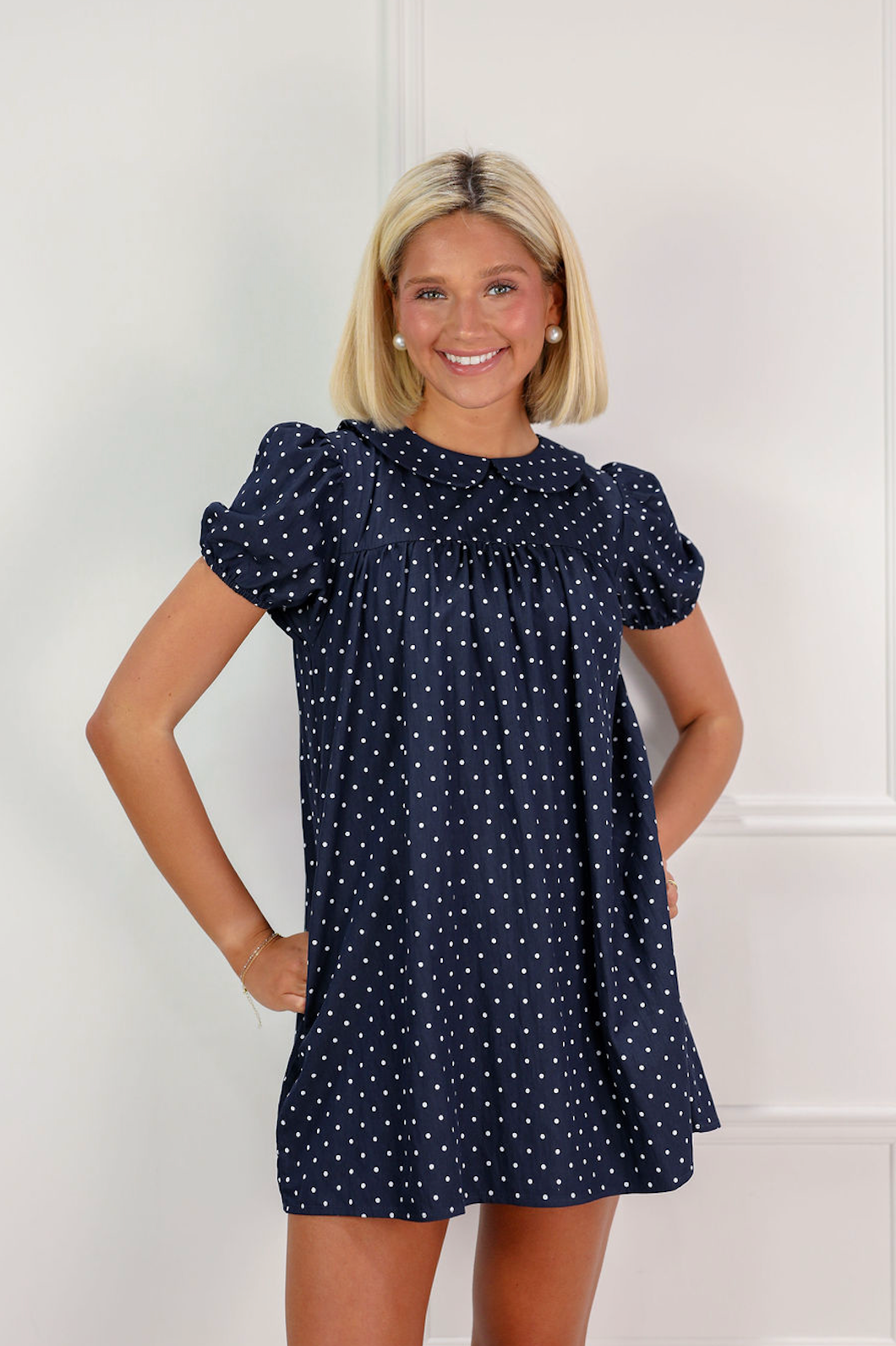 Navy Polka Dot Bib Dress