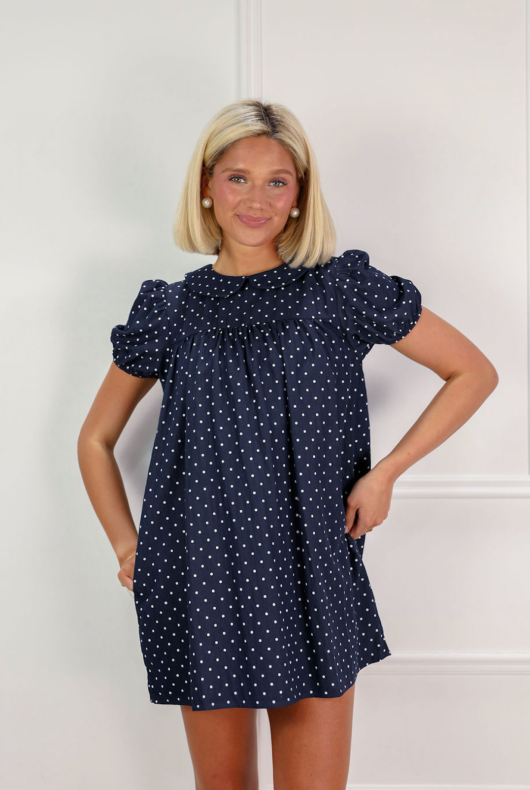 Navy Polka Dot Bib Dress