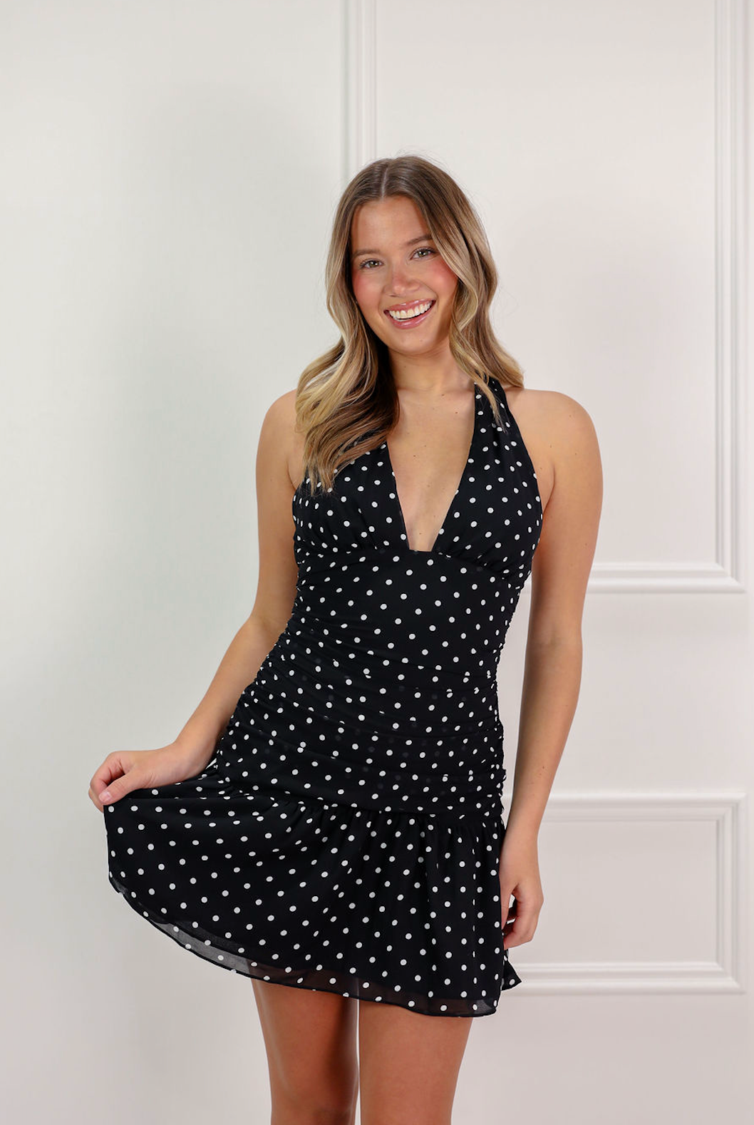 Black Halter Polka Dot Mini Dress