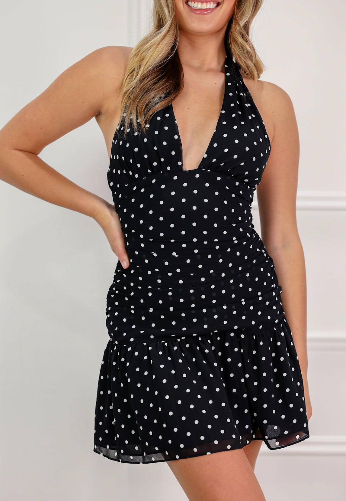 Black Halter Polka Dot Mini Dress
