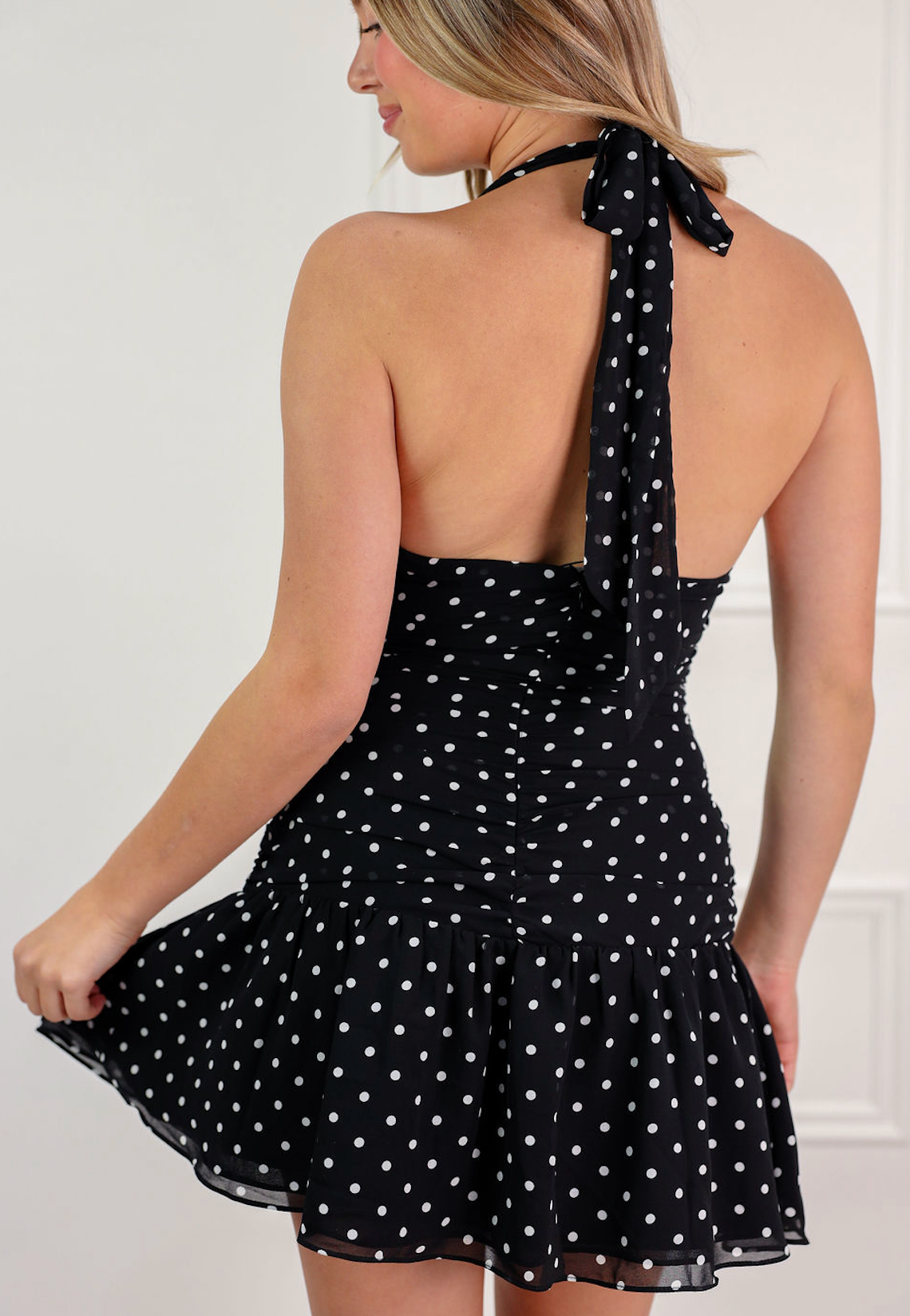Black Halter Polka Dot Mini Dress