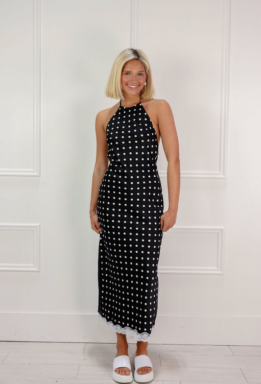 Polka Dot Lace Trim Halter Maxi Dress