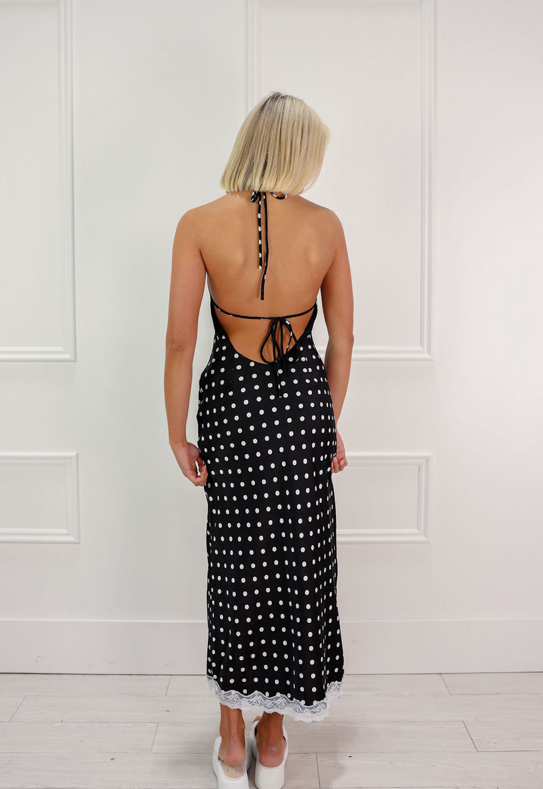 Polka Dot Lace Trim Halter Maxi Dress