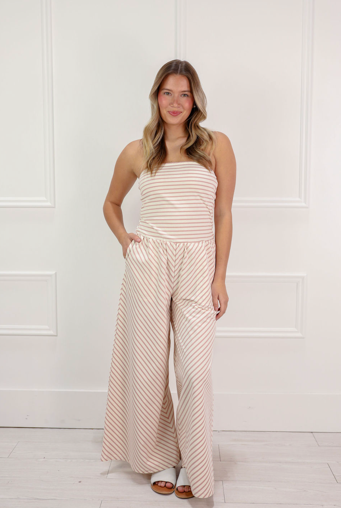 Striped Knit Jumpsuit Ivory/Pink