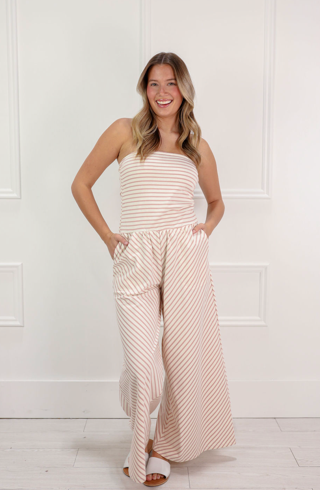 Striped Knit Jumpsuit Ivory/Pink