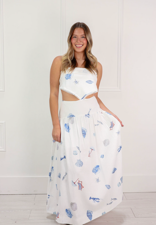 Coastal Print Linen Maxi Skirt