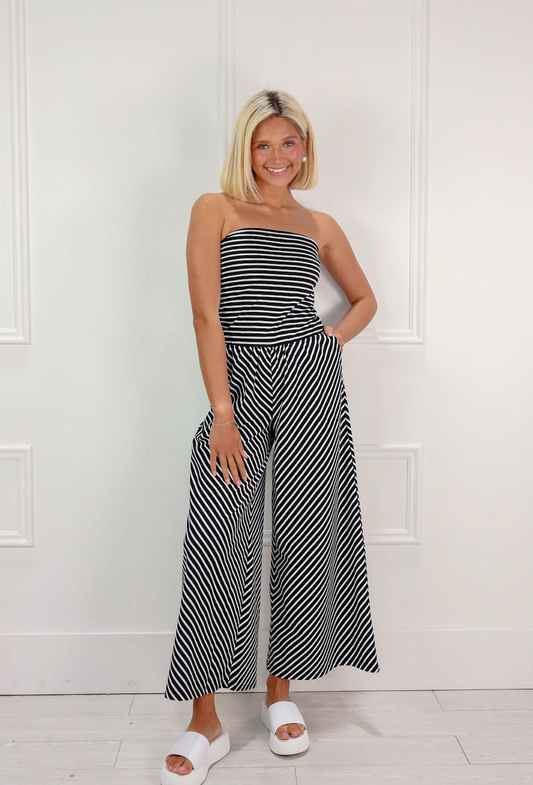 Striped Knit Jumpsuit Black/White
