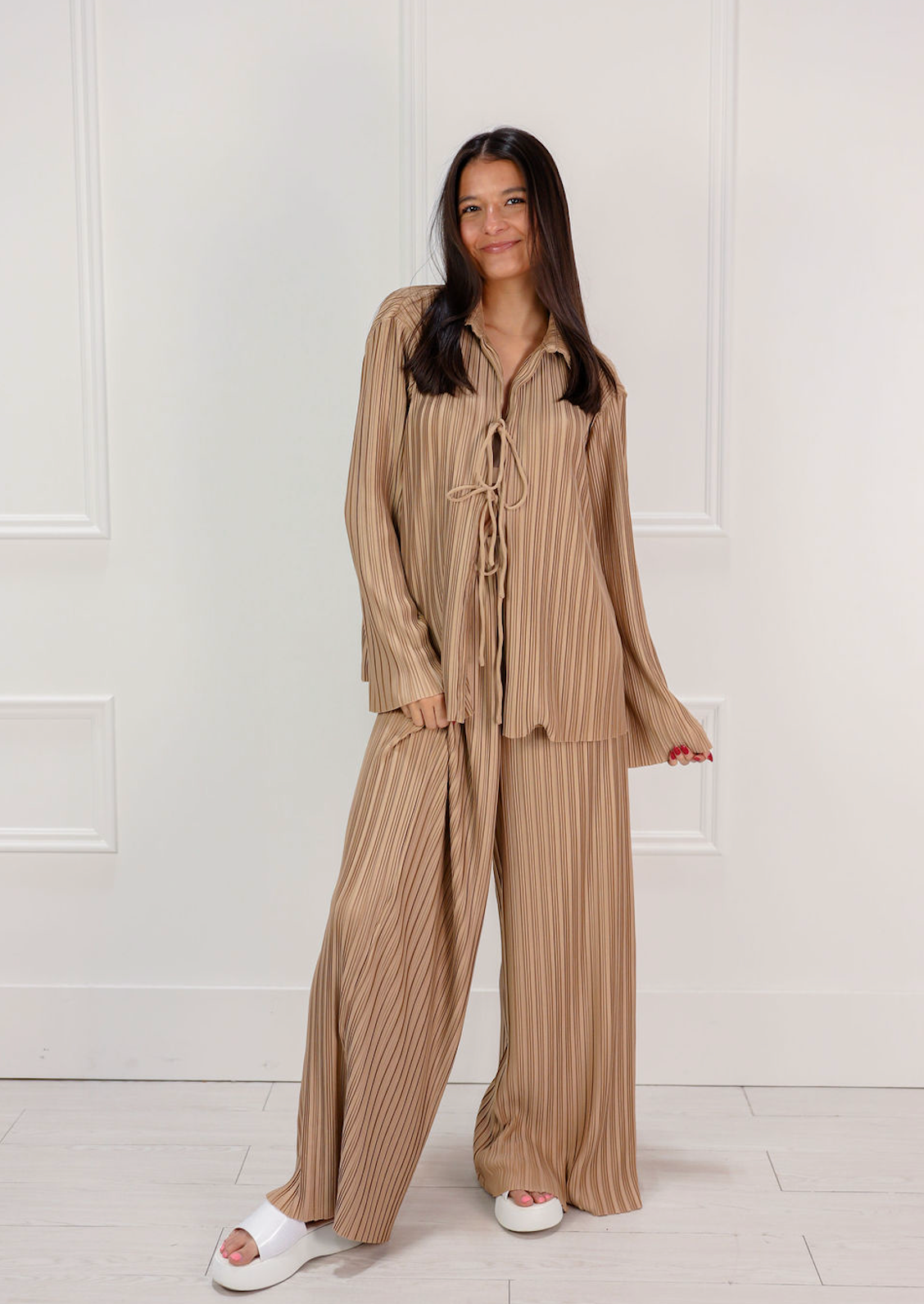 Mocha Pleated Shirt & Pants Set of 2