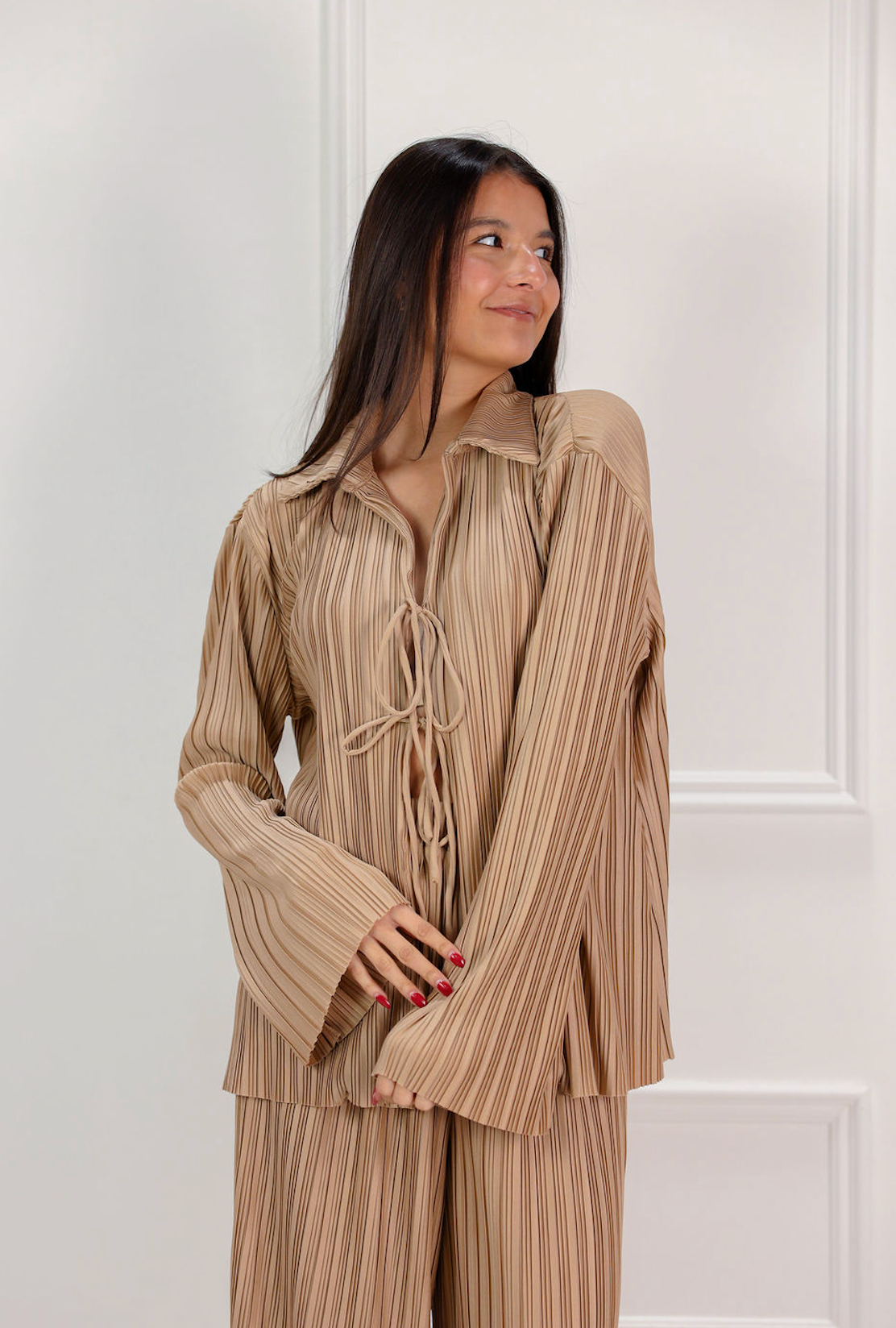 Mocha Pleated Shirt & Pants Set of 2