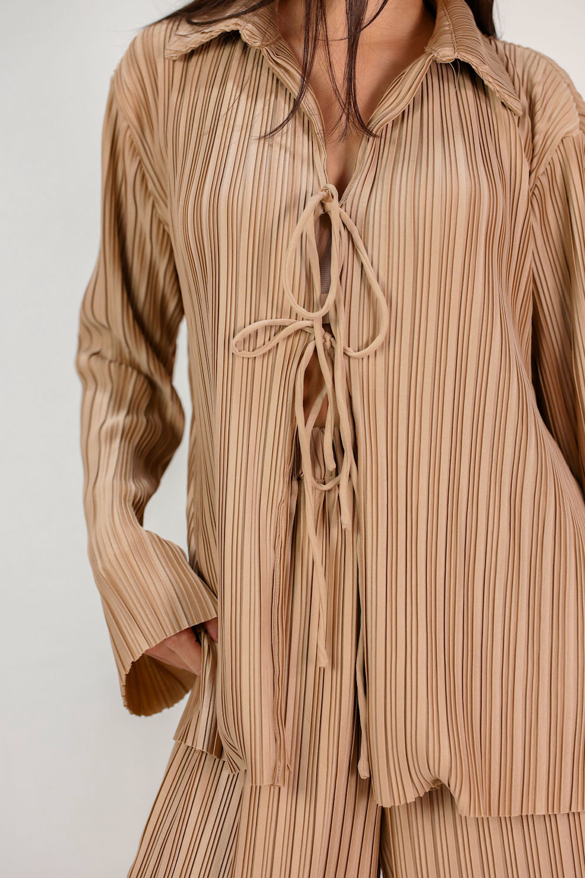 Mocha Pleated Shirt & Pants Set of 2