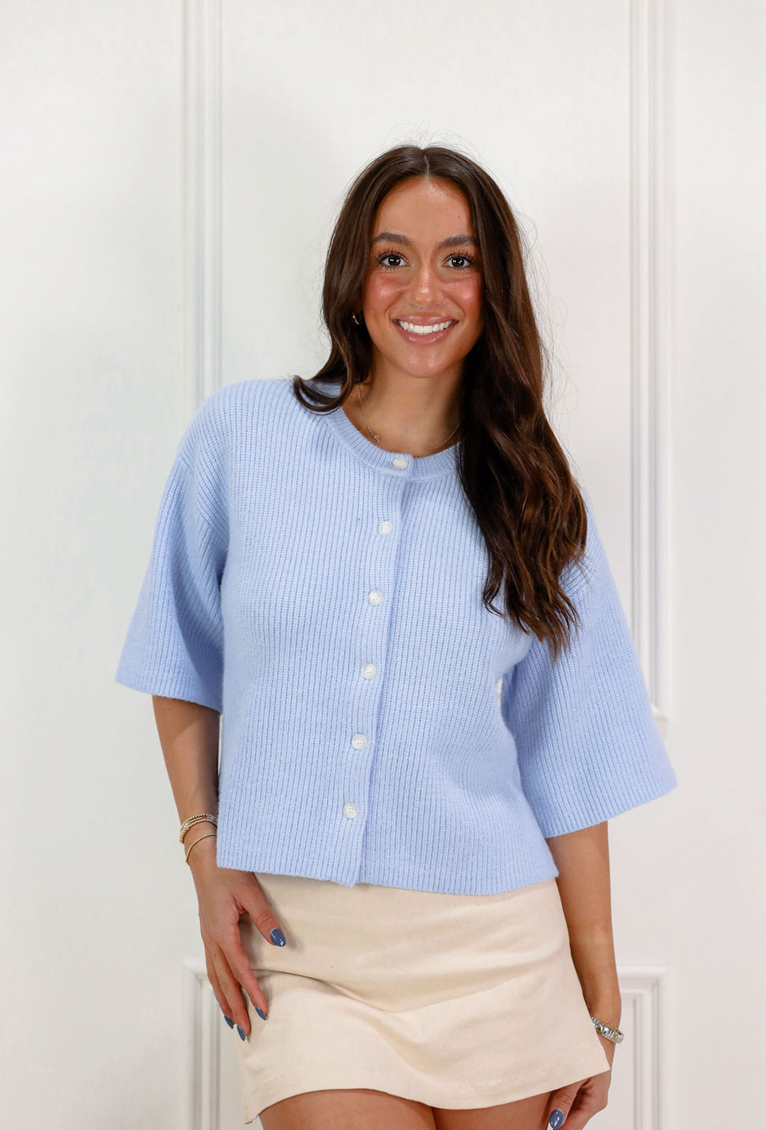 Short Sleeve Knit Cardigan Blue