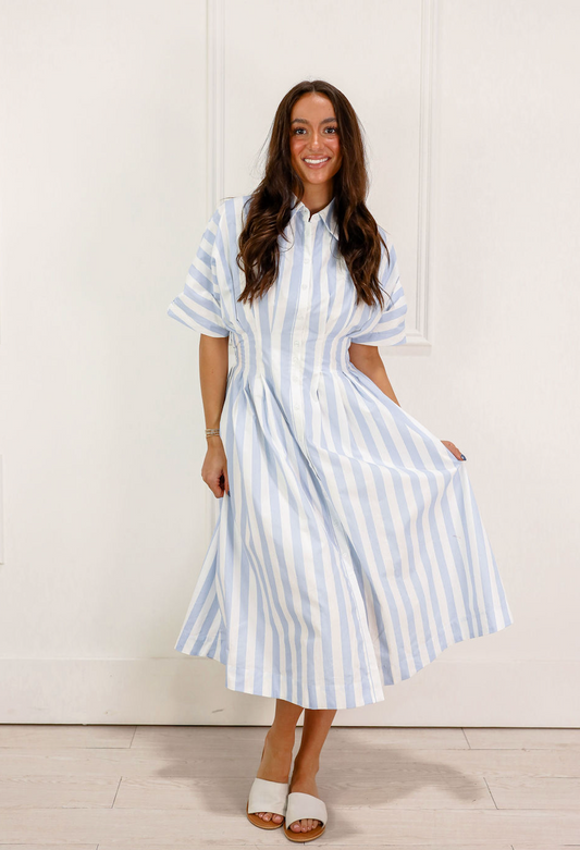 Striped Pleated Midi Dress Blue
