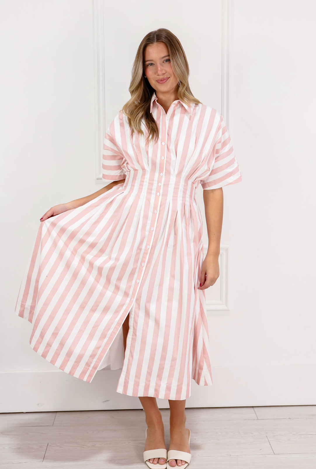 Striped Pleated Midi Dress Pink