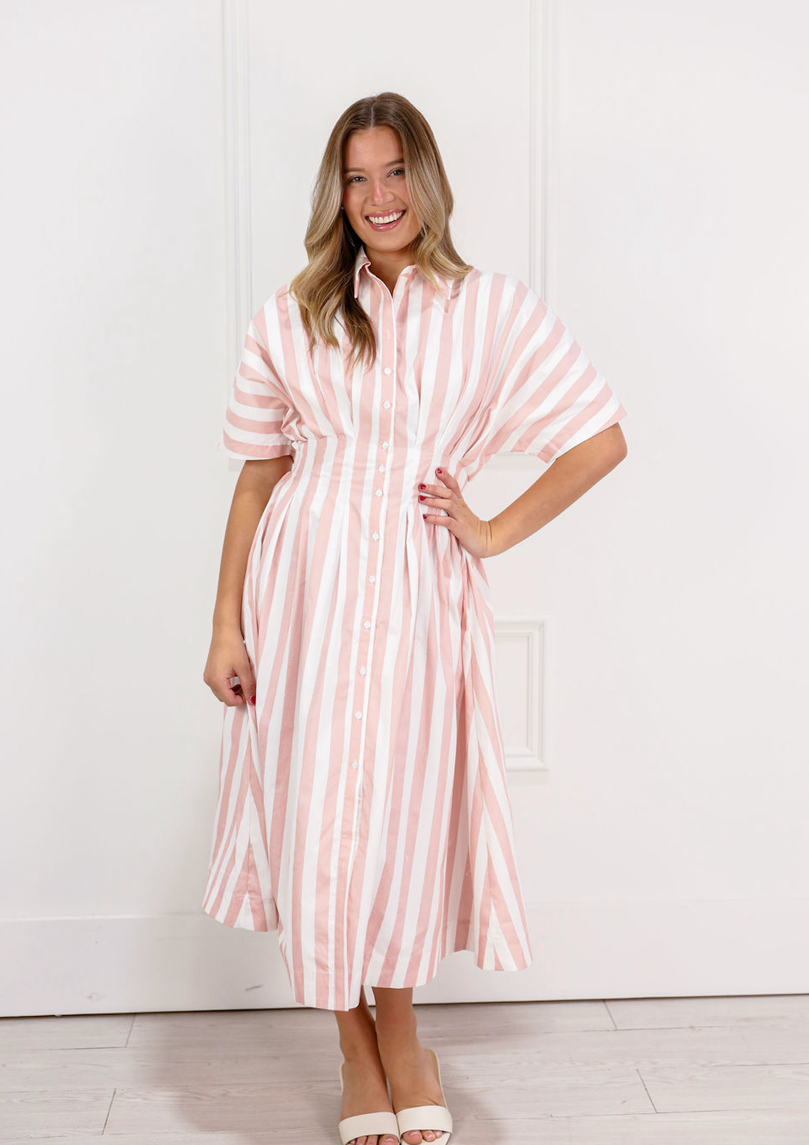 Striped Pleated Midi Dress Pink