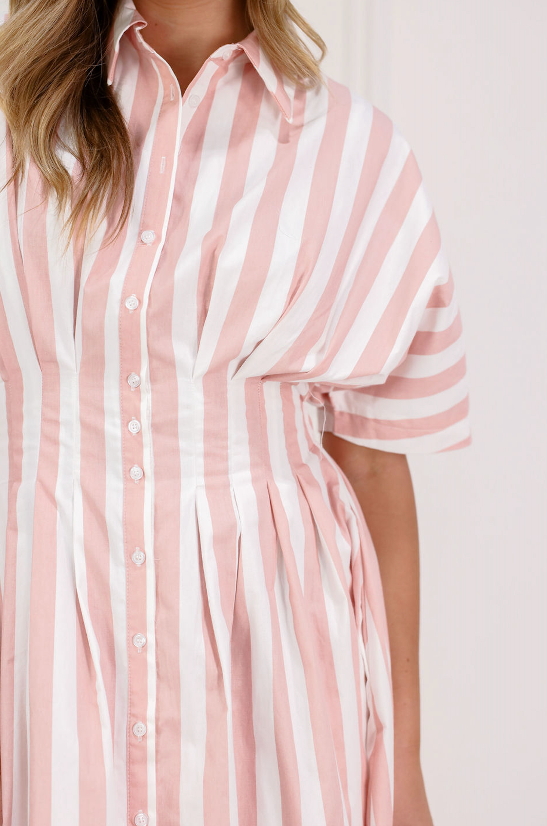 Striped Pleated Midi Dress Pink
