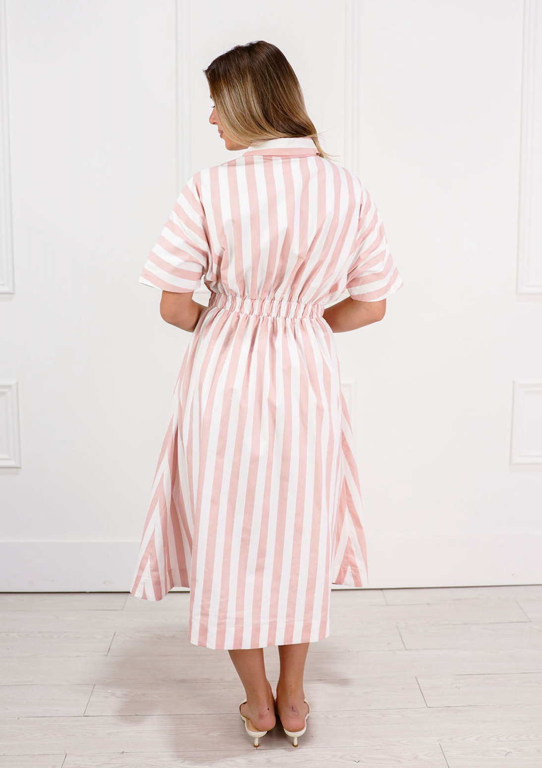 Striped Pleated Midi Dress Pink