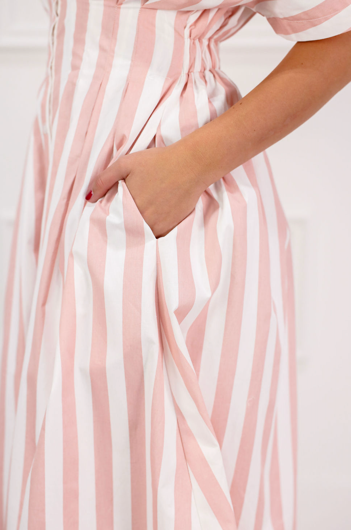 Striped Pleated Midi Dress Pink