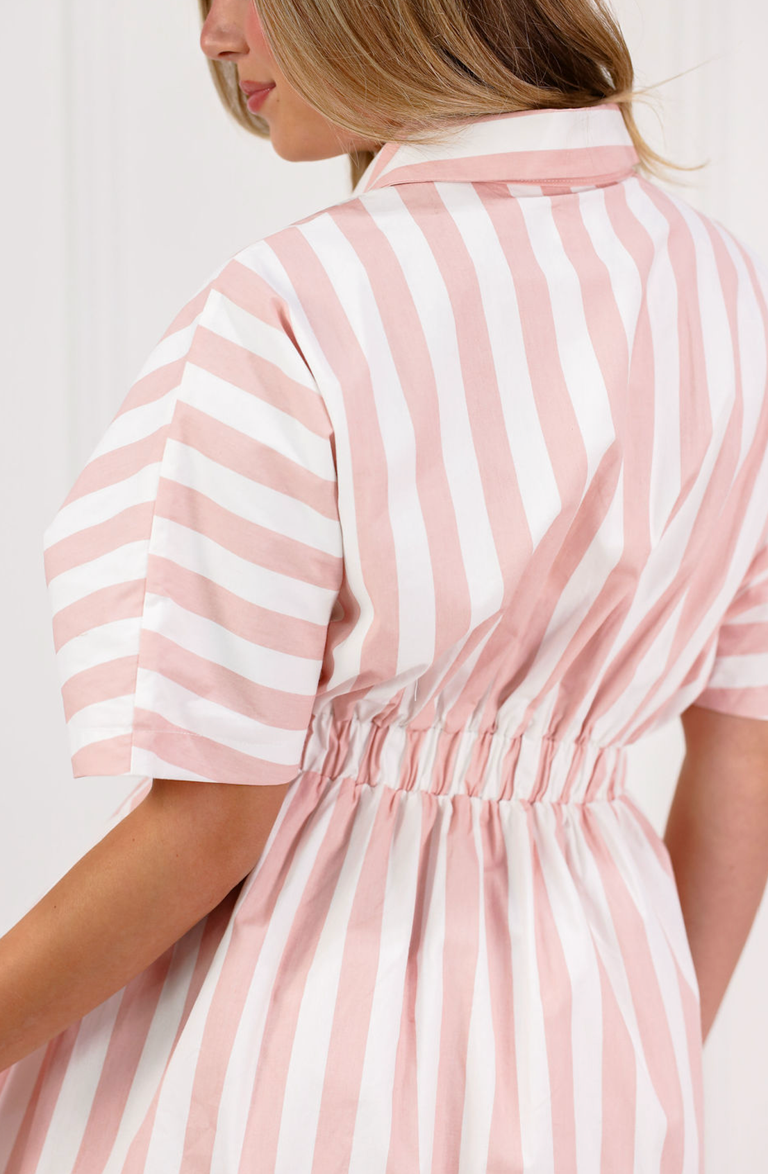 Striped Pleated Midi Dress Pink