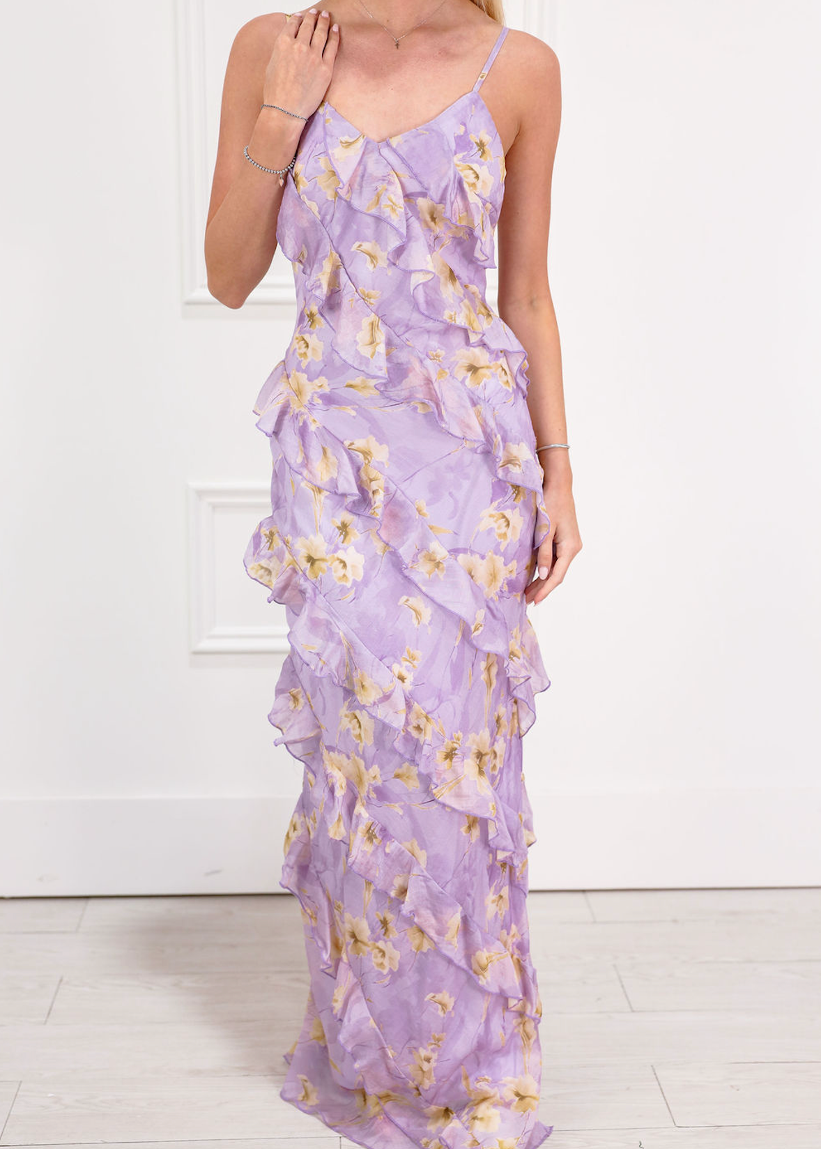 lavender floral bridesmaid dresses Leely Women Princess Dress Corset Boning Spaghetti Straps Tulle Tiered Long Wedding Party Dress Purple and White Bouquet Bridesmaid