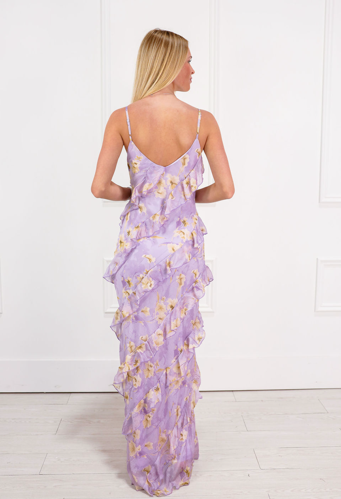 Lavender Floral Frilly Maxi Dress