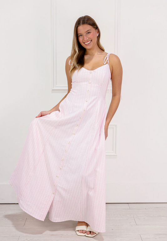 Striped Buttons Cotton Maxi Dress Pink