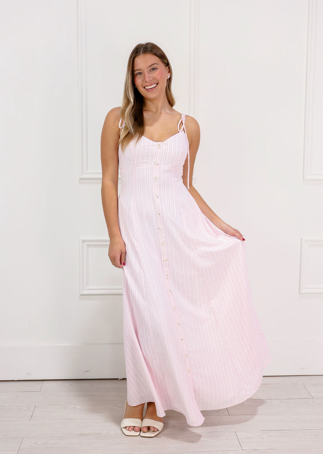 Striped Buttons Cotton Maxi Dress Pink