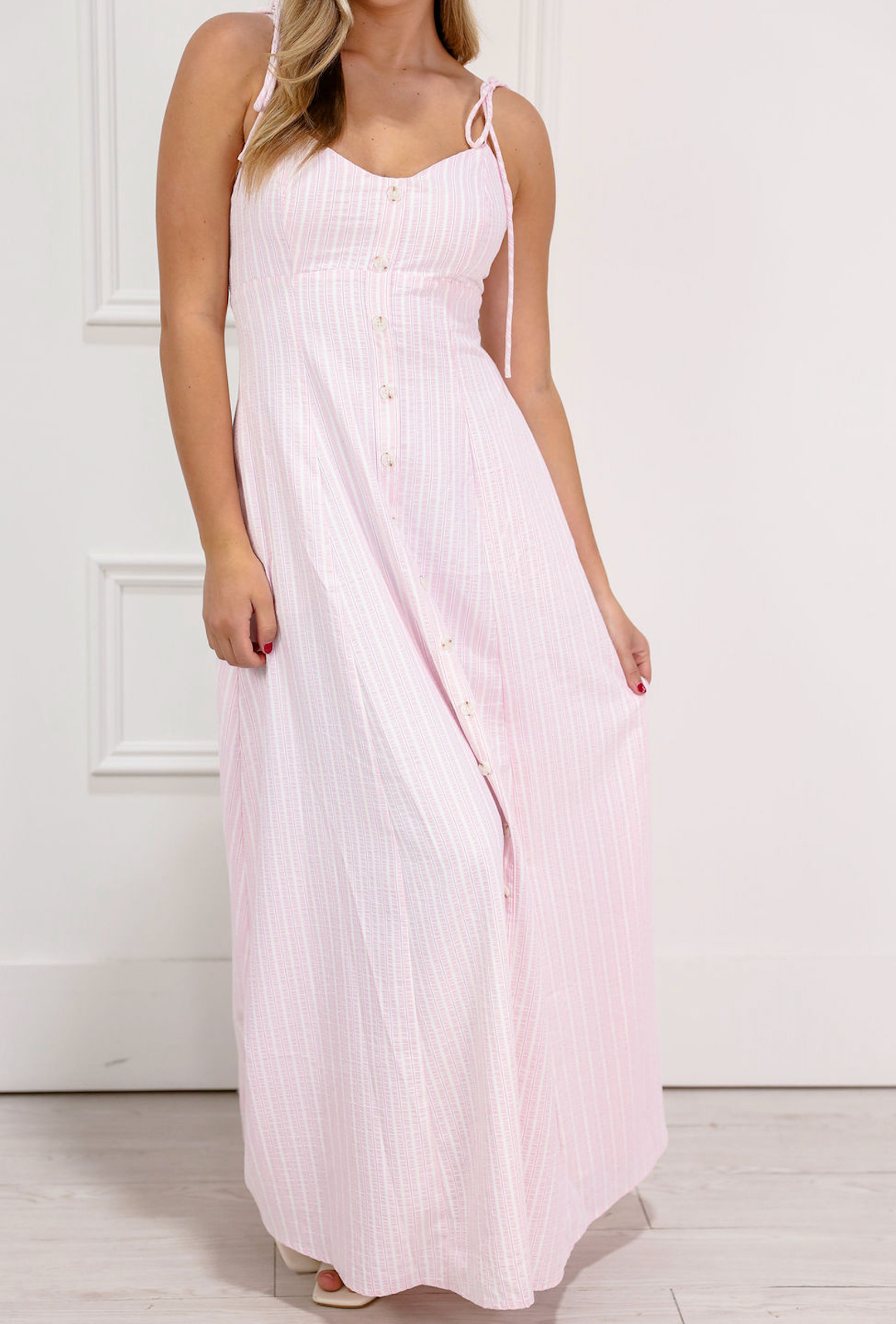 Striped Buttons Cotton Maxi Dress Pink