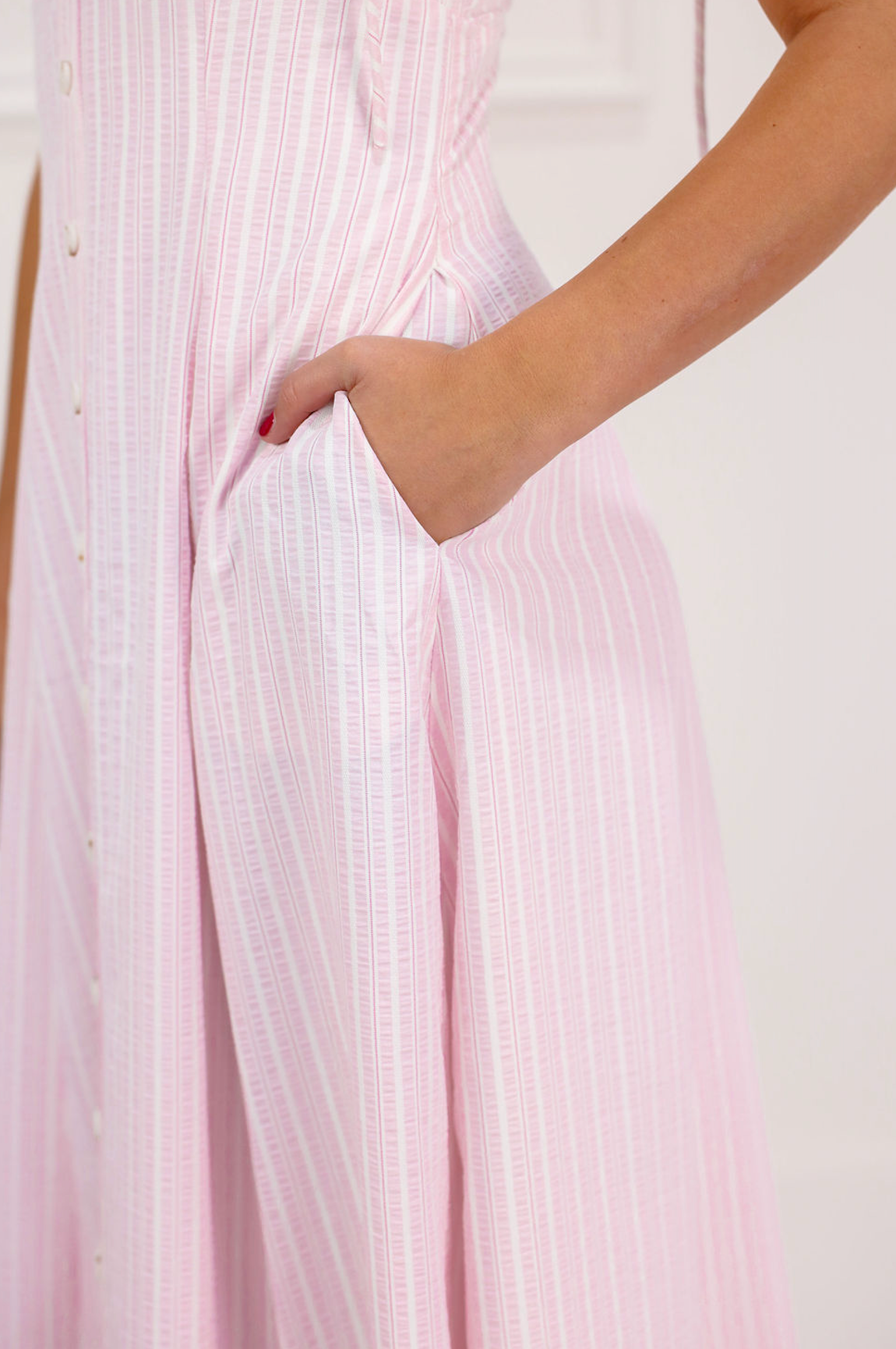 Striped Buttons Cotton Maxi Dress Pink