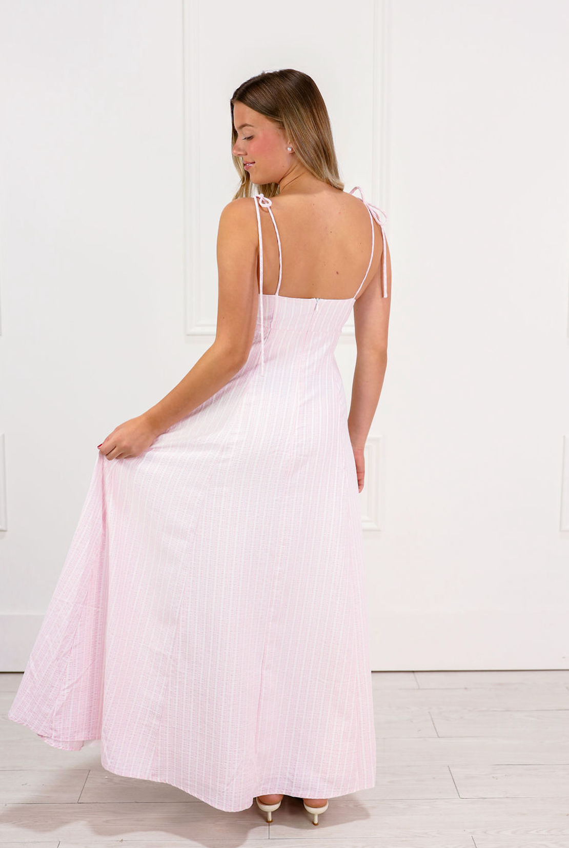 Striped Buttons Cotton Maxi Dress Pink