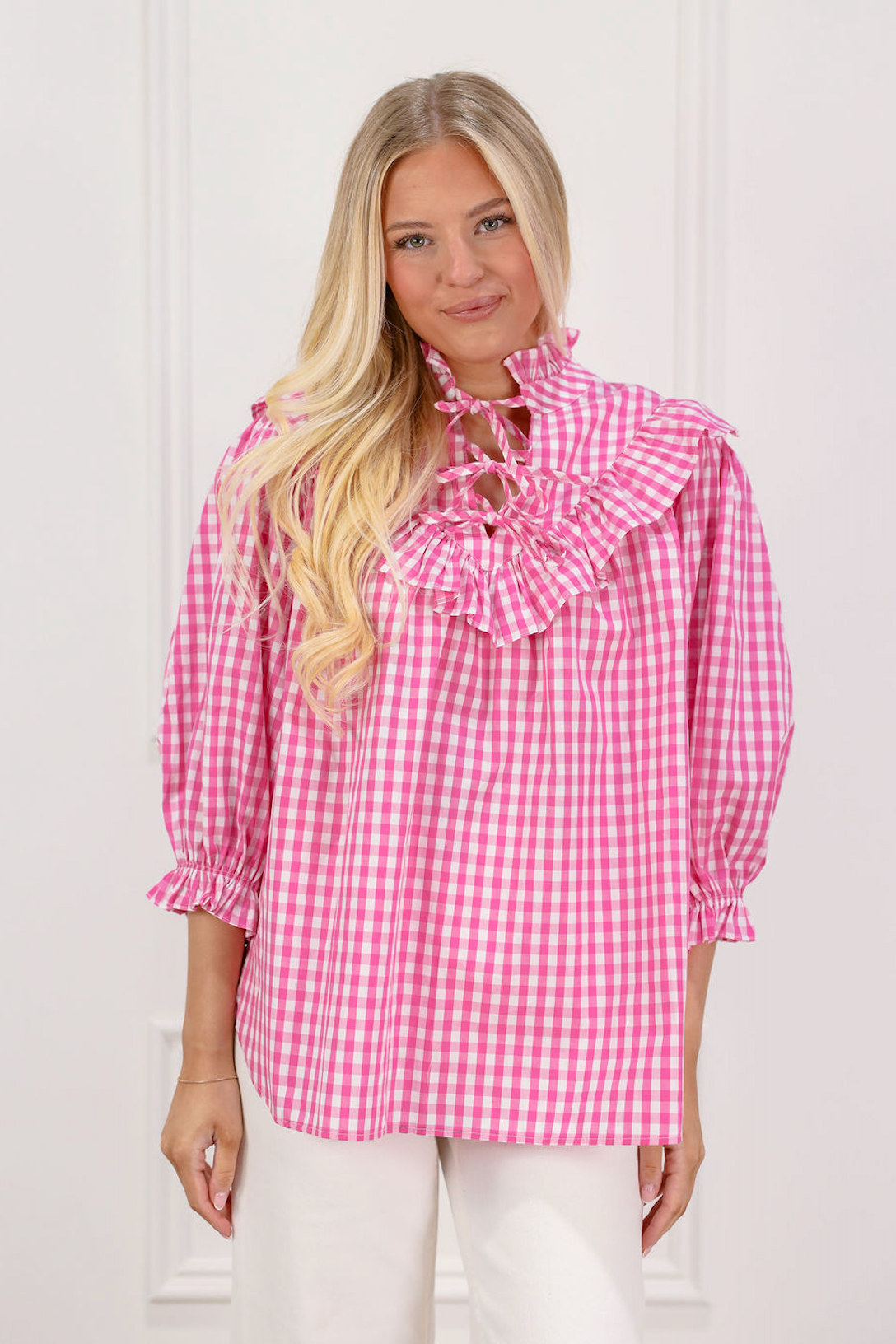 Pink Gingham Ruffle Top