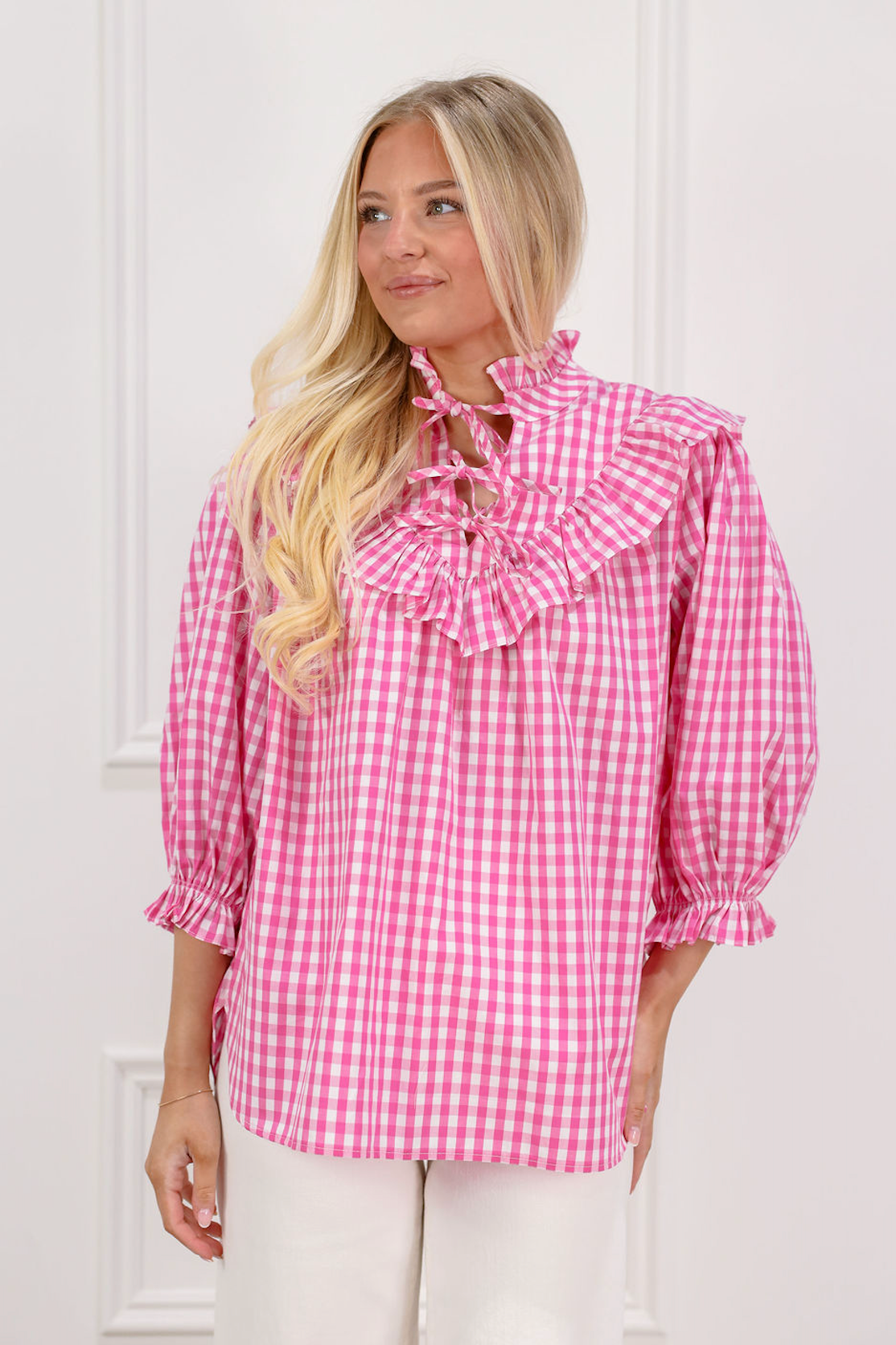 Pink Gingham Ruffle Top