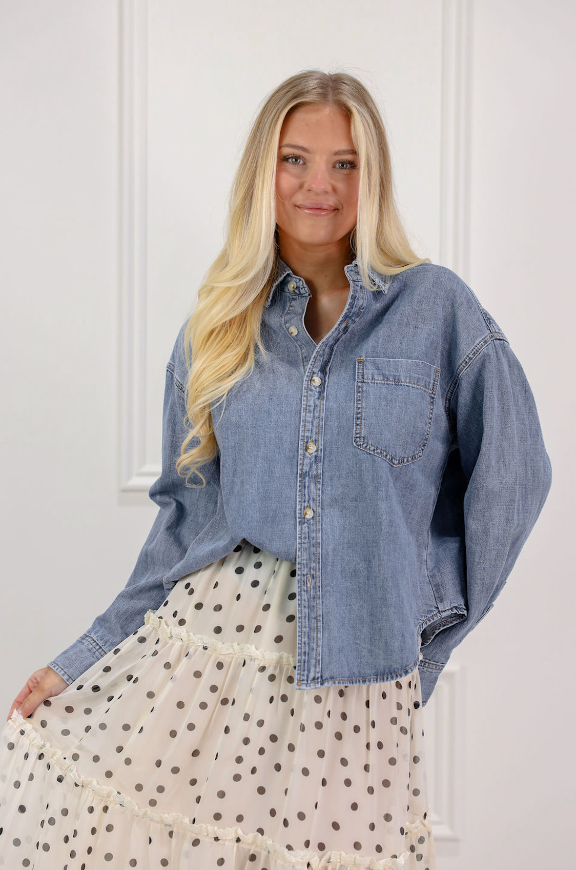 Washed Denim Button Down Top