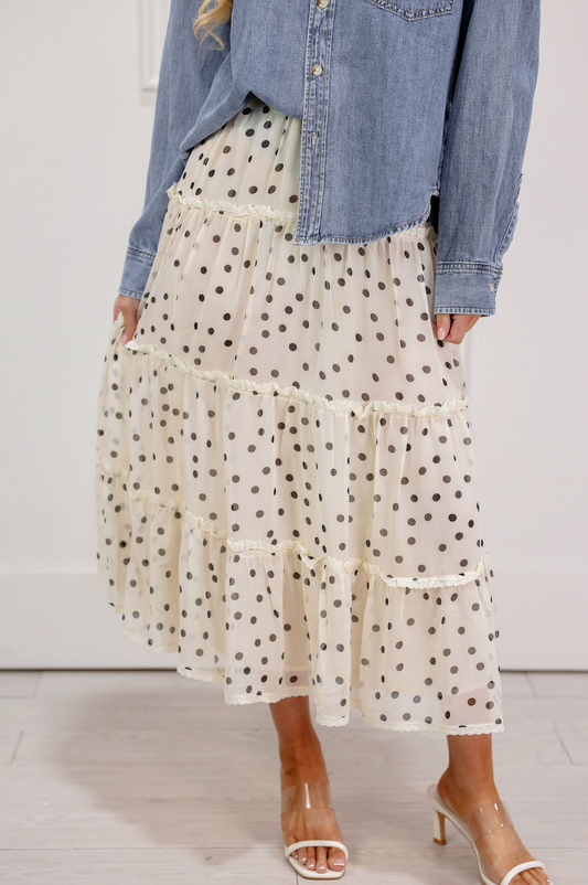 Cream Polka Dot Midi Skirt