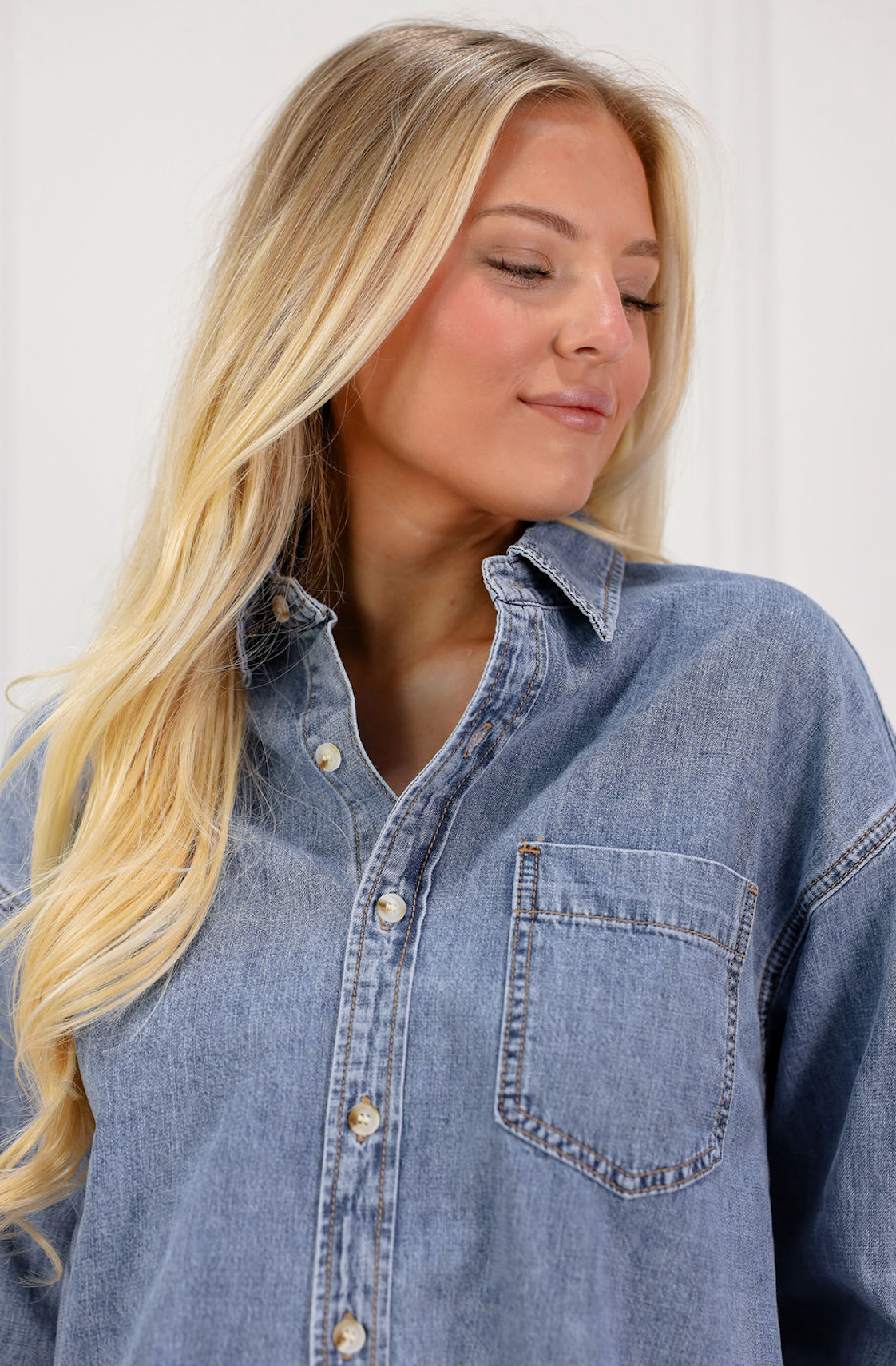 Washed Denim Button Down Top