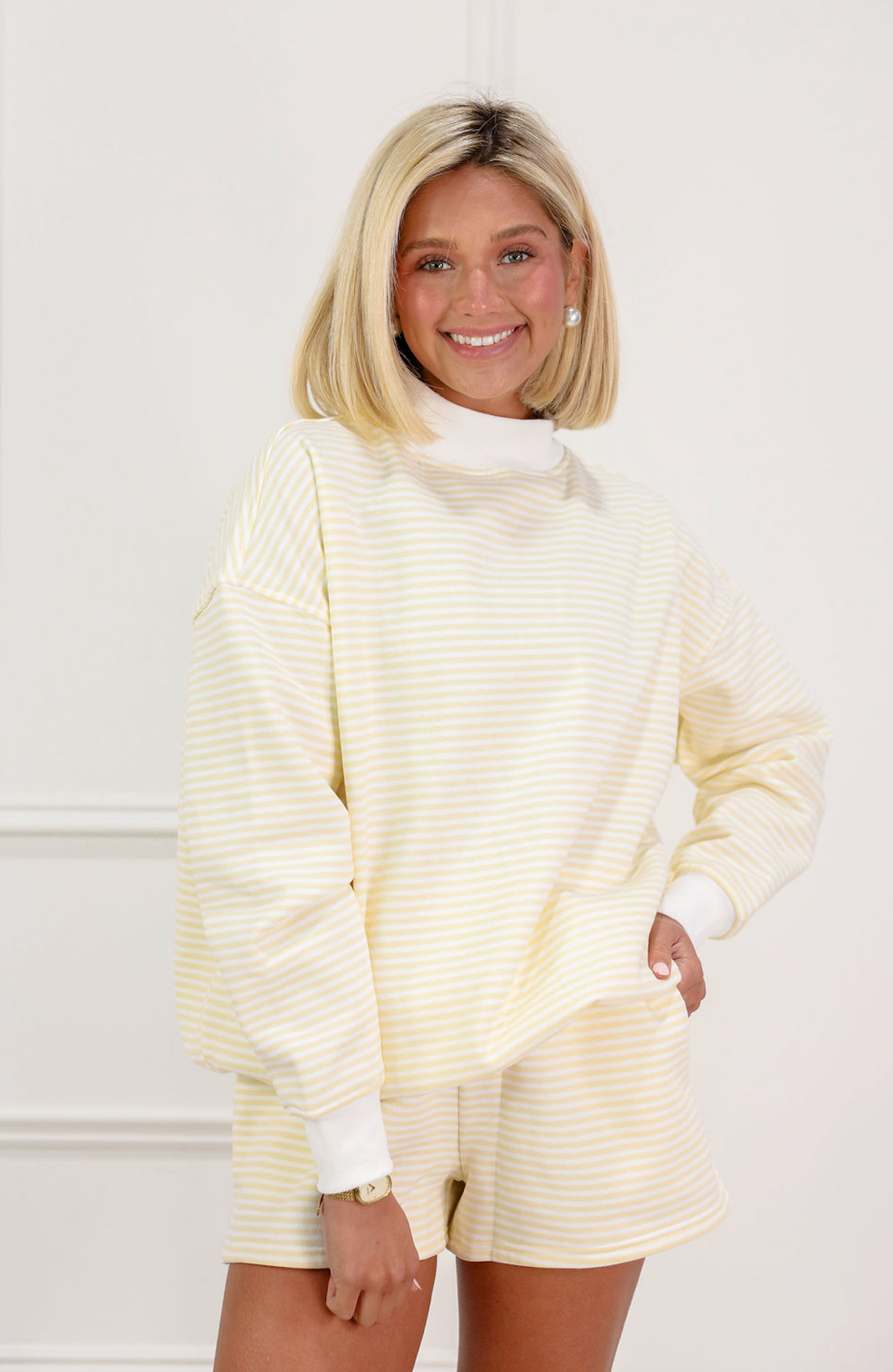Yellow/White Stripe Mock Neck Pullover