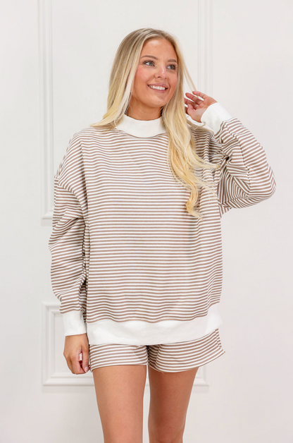 Brown/White Stripe Mock Neck Pullover