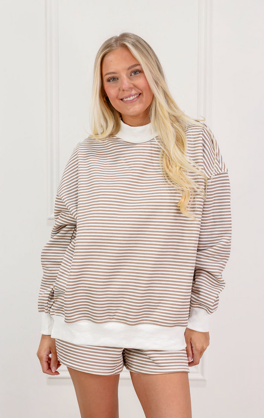 Brown/White Stripe Mock Neck Pullover
