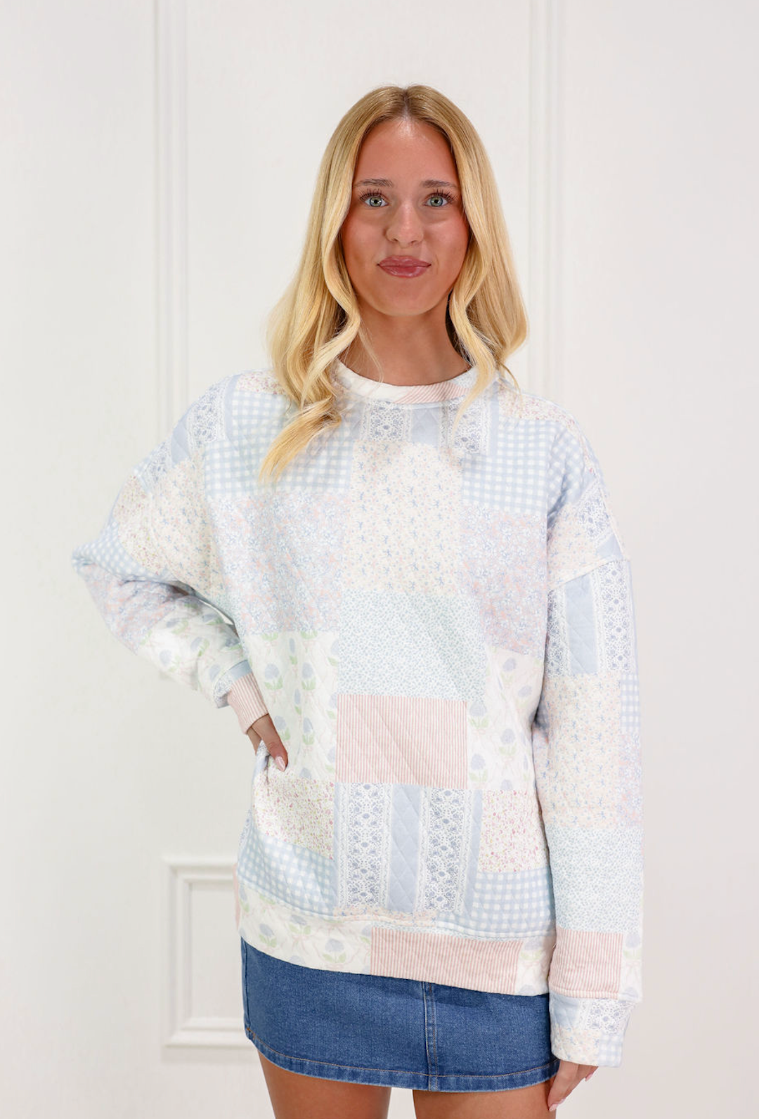 Shades of Blue Patchwork Mock Crew