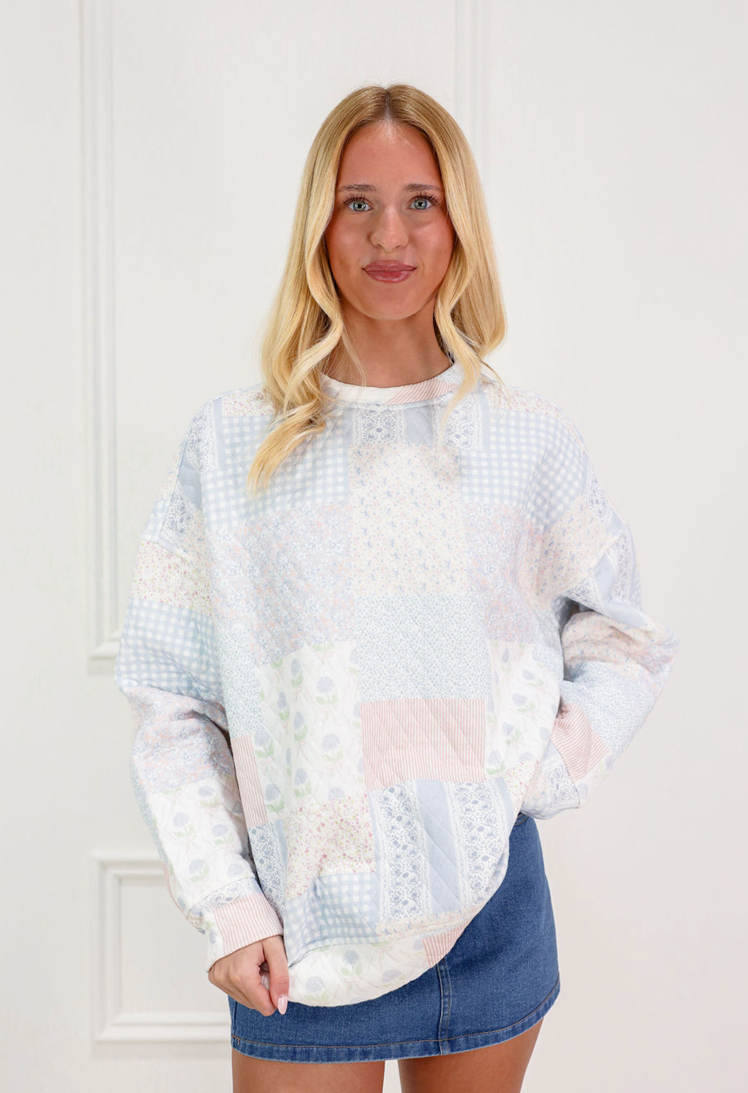 Shades of Blue Patchwork Mock Crew