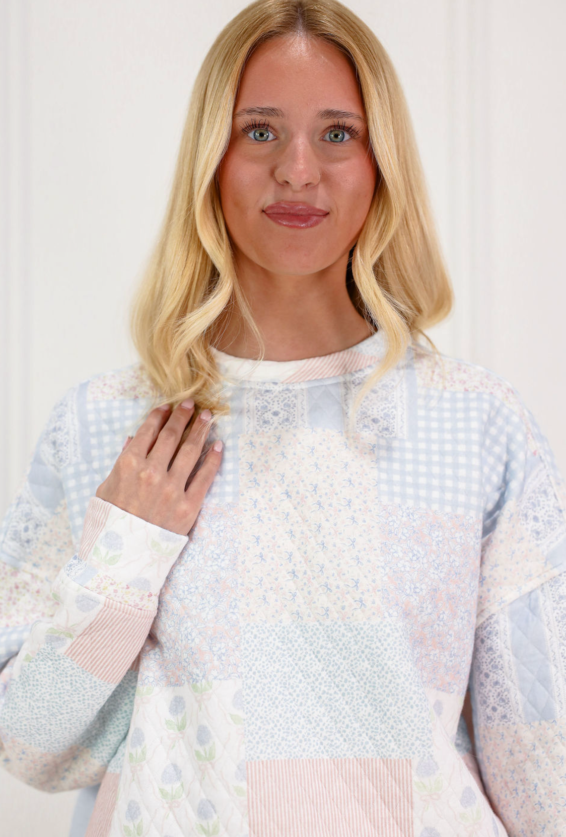 Shades of Blue Patchwork Mock Crew