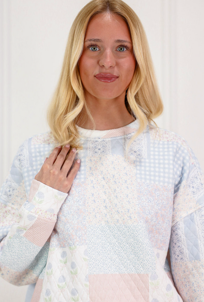 Shades of Blue Patchwork Mock Crew - Clothe Boutique