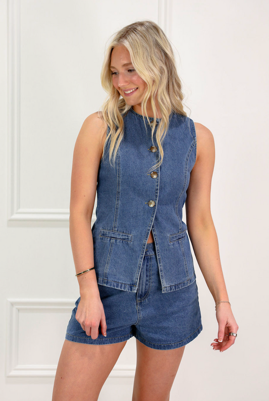 Denim Button Vest Top & Shorts Set Of 2