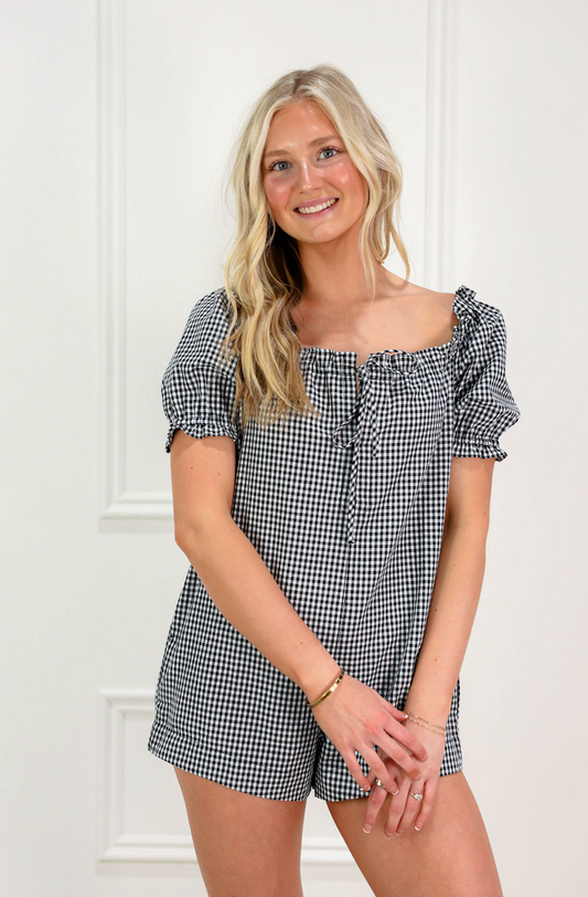 Gingham S/S Romper Black
