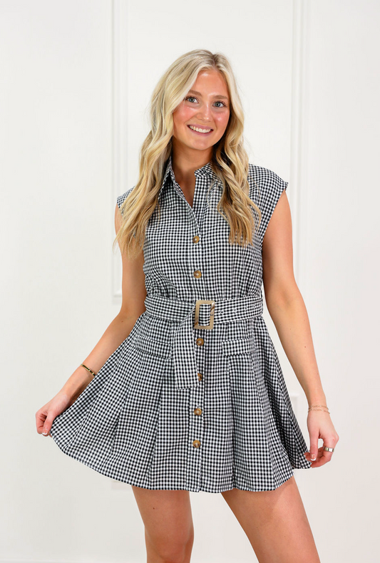 Black/White Belted Button Dress