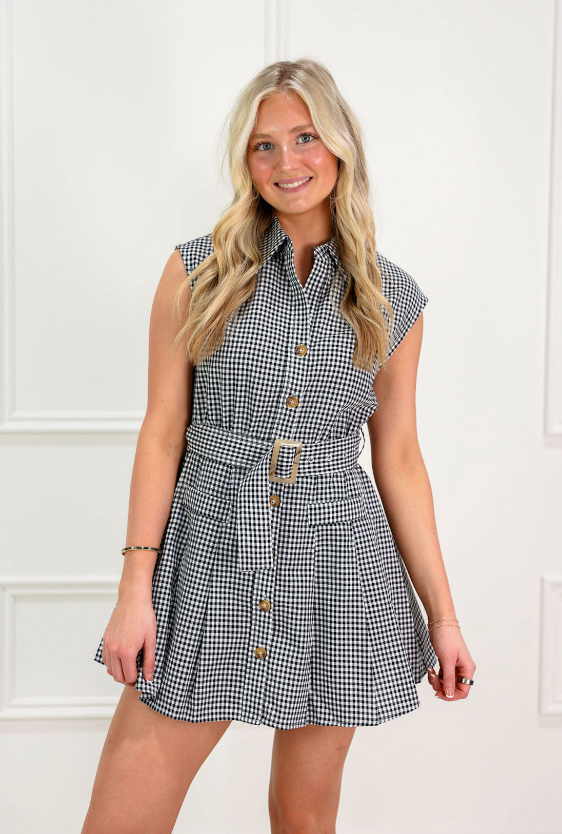 Black/White Belted Button Dress