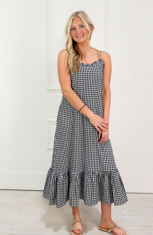 Gingham Ruffled Hem Maxi Dress Black