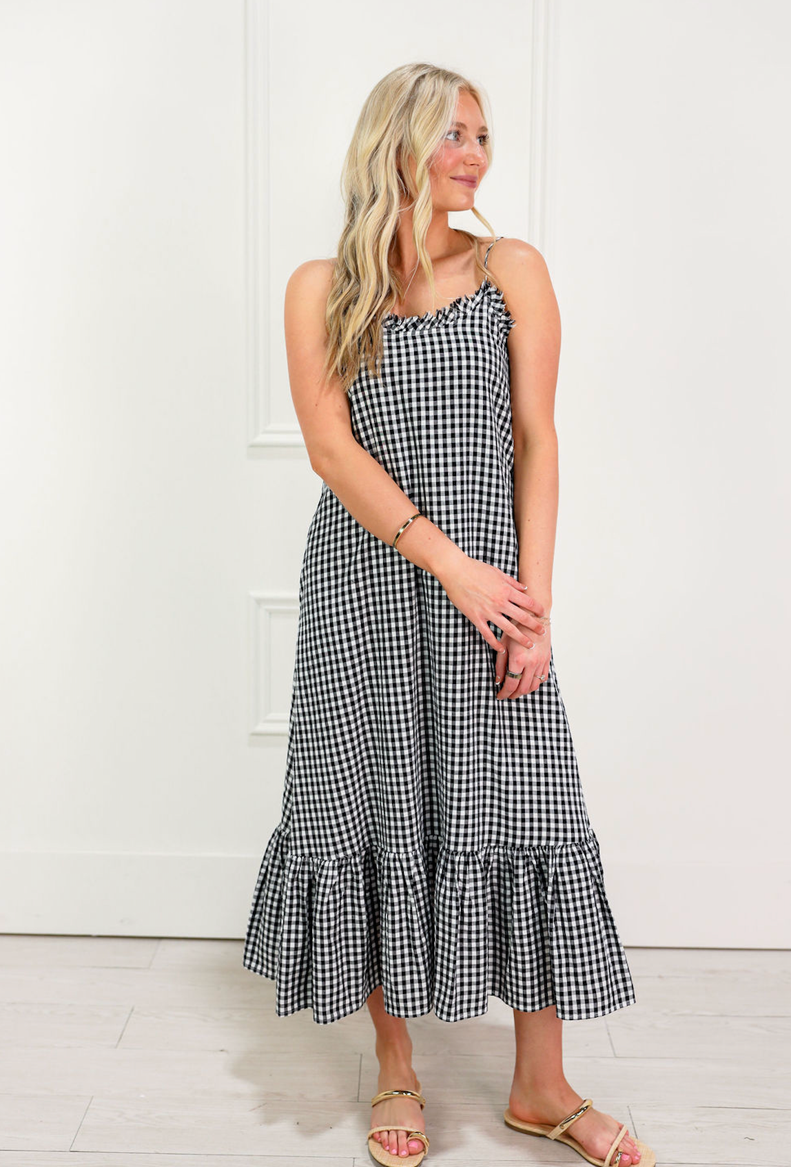Gingham Ruffled Hem Maxi Dress Black