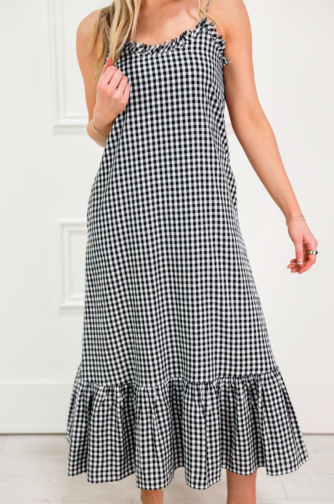 Gingham Ruffled Hem Maxi Dress Black