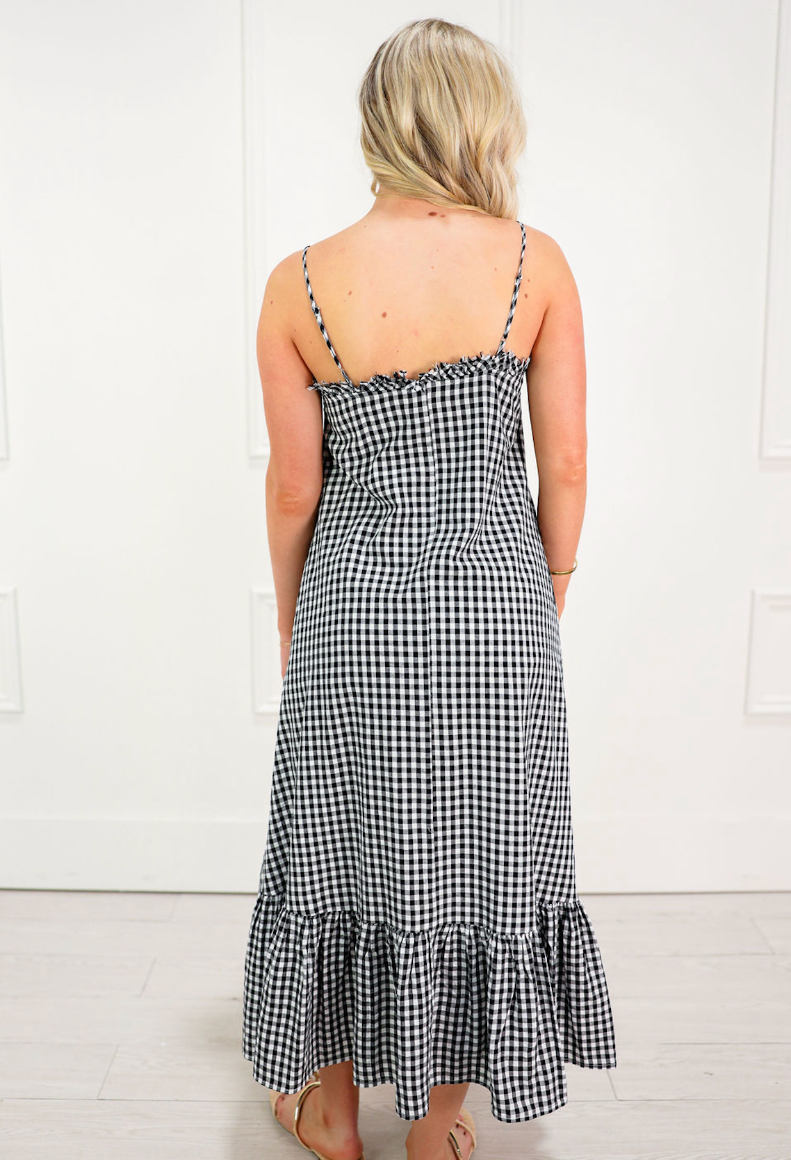 Gingham Ruffled Hem Maxi Dress Black