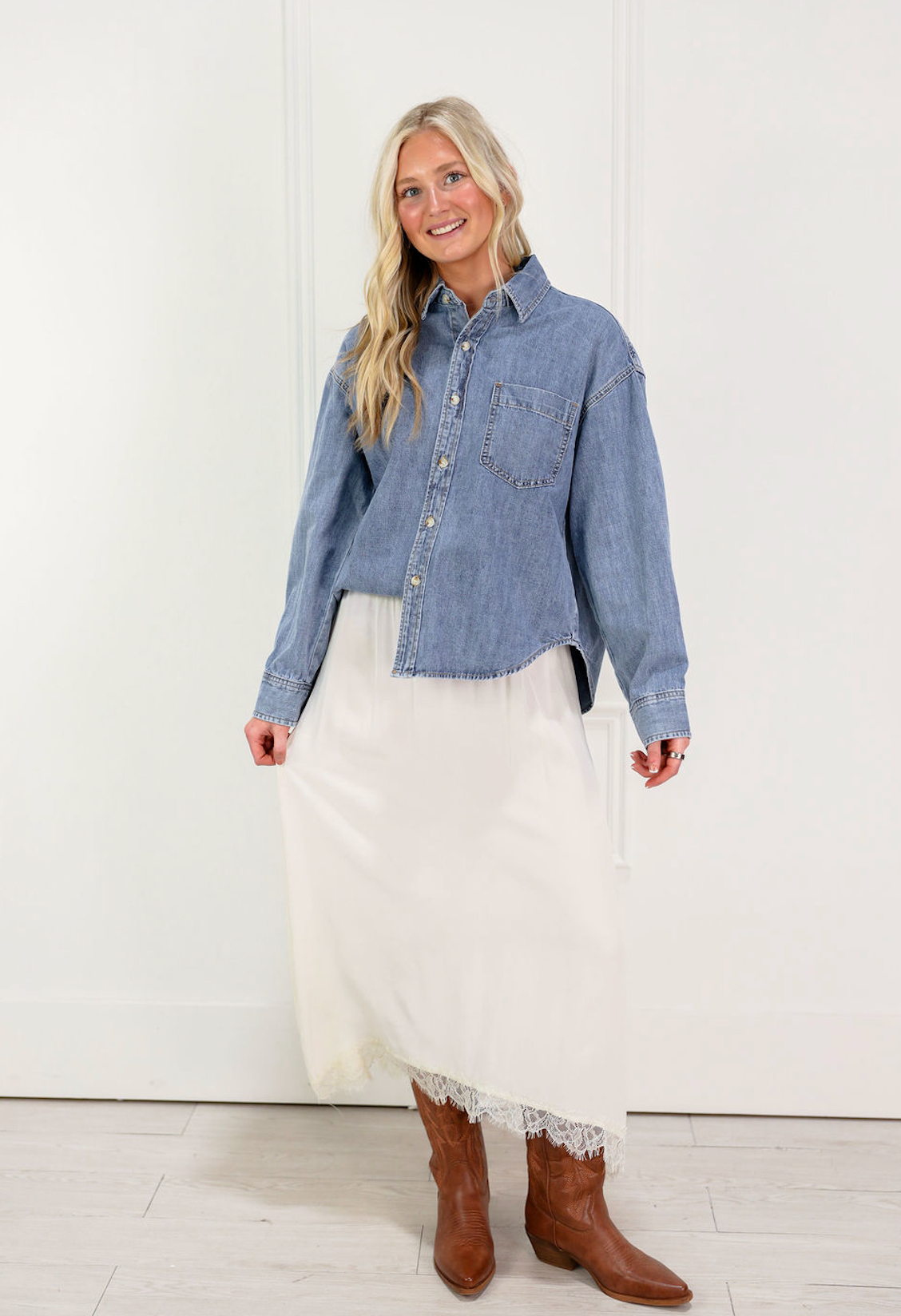 Washed Denim Button Down Top